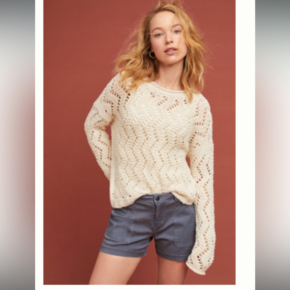 Anthropologie Cream Textured Crew Neck Sweater